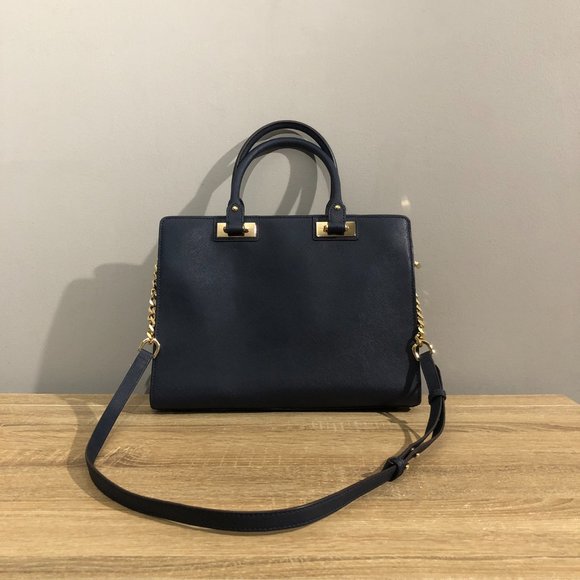 Michael Kors Quinn Navy Satchel Leather Shoulder Handbag - Picture 4 of 10